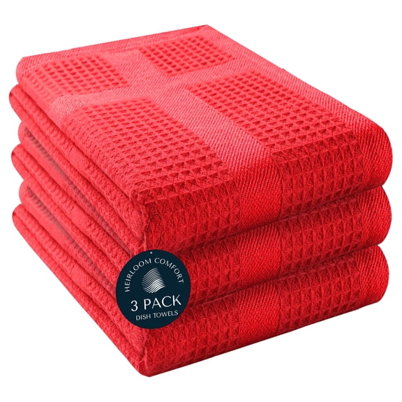 HEIRLOOM COMFORT 3 Pack Red Waffle Weave Kitchen Towels, 16x26 Inch, 100% Cotton, Absorbent Dishcloth Set, Quick Drying, Durable for Cleaning, Wiping, Drying Dishes, Machine Washable Dish Towel, Red