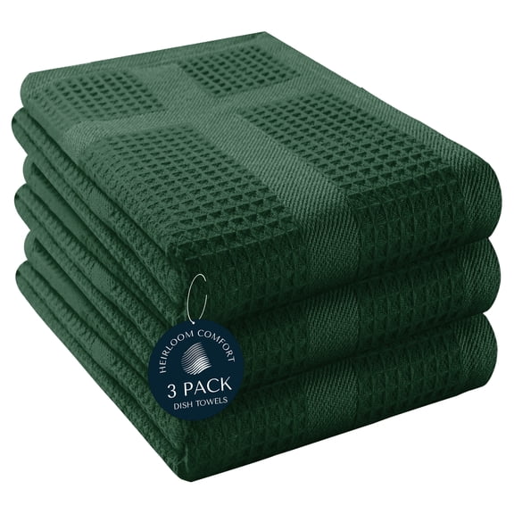 HEIRLOOM COMFORT 3 Pack Waffle Weave Kitchen Towels, 16x26 Inch, 100% Cotton, Absorbent Dishcloth Set, Quick Dry, Soft for Cleaning, Wiping, Hand Towels, Dish Rags, Wash Cloth, Durable, Forest Green