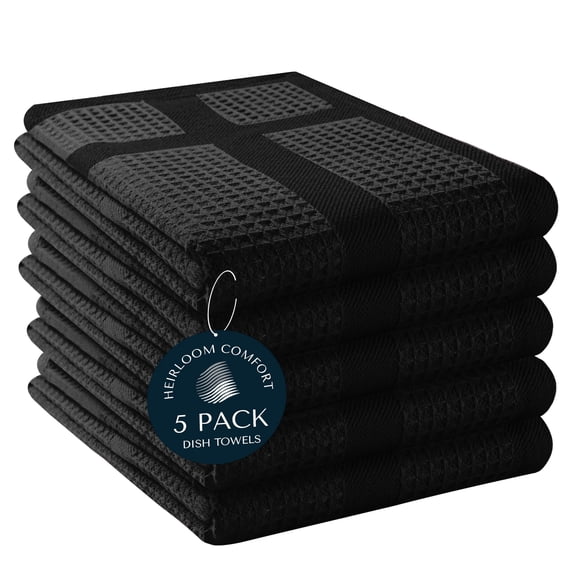HEIRLOOM COMFORT 5 Pack Black Waffle Weave Kitchen Towels, 16x26 Inch, 100% Cotton, Absorbent Dishcloth Set, Quick Drying, Durable for Cleaning, Wiping, Drying Dishes, Machine Washable Dish Towel