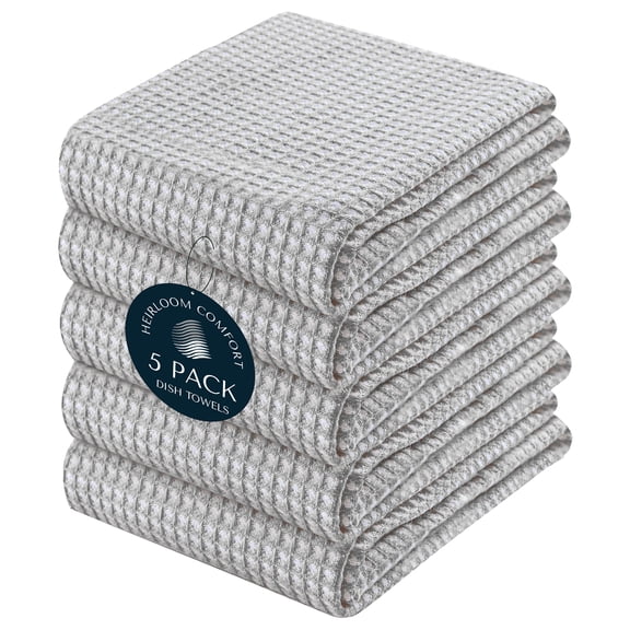 HEIRLOOM COMFORT 5 Pack Dual Reversible Waffle Weave Kitchen Towels, 16x26 Inch, 100% Cotton, Absorbent Dishcloth Set, Quick Dry, Soft for Cleaning, Wiping, Hand Towels, Dish Rags, Durable, Ash Grey