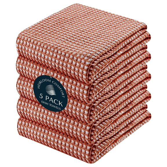 HEIRLOOM COMFORT 5 Pack Dual Tone Reversible Waffle Weave Kitchen Towels, 16x26 Inch, 100% Cotton, Absorbent Dishcloth Set, Quick Drying, Durable for Cleaning, Wiping, Machine Washable, Rust