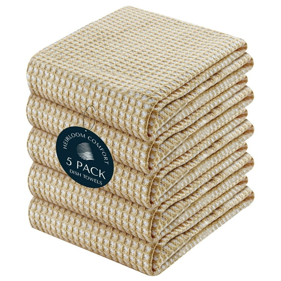 HEIRLOOM COMFORT 5 Pack Dual Tone Waffle Weave Kitchen Towels, 16x26 Inch, 100% Cotton Dishcloth Set, Super Absorbent, Fast Dry, Teal Towels, Soft Hand Towel, Durable Dish Rags & Wash Cloth, Beige