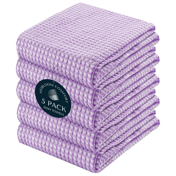 HEIRLOOM COMFORT 5 Pack Dual Tone Waffle Weave Kitchen Towels, 16x26 Inches, 100% Cotton, Reversible, Super Absorbent, Quick Dry, Durable Dishcloth Set, Soft Hand Towels for Cleaning, Lavender