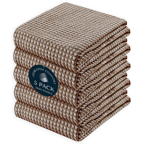 HEIRLOOM COMFORT 5 Pack Dual Waffle Weave Kitchen Towels, 100% Cotton, 16"x26", Super Absorbent, Quick Dry Dishcloth Set with Hanging Loop, Soft for Cleaning, Drying Dishes, Durable Hand Towel, Brown
