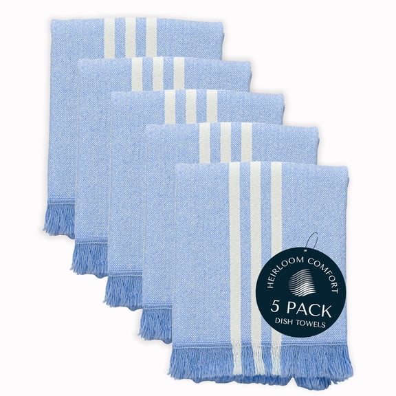 HEIRLOOM COMFORT 5 Pack Monochrome Stripe Dish Towels with Fringes, 16"x26", 100% Cotton, Absorbent & Durable, Quick Drying Kitchen Towels for Daily Cleaning, Cooking & Baking, Easy Care, Sky Blue