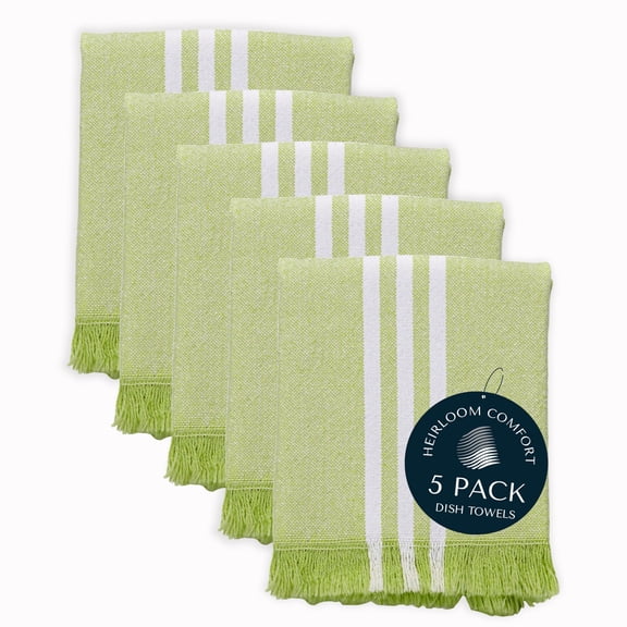 HEIRLOOM COMFORT 5 Pack Monochrome Stripe Kitchen Towels, Fringed Edges, 16x26 Inch, 100% Cotton, Lint-Free, Absorbent & Washable Dish Towels for Drying Dishes, Everyday Kitchen Use, Lemon Green