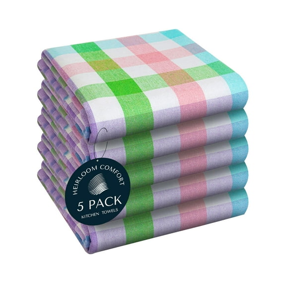 HEIRLOOM COMFORT 5 Pack Multi Color Check Kitchen Towels, 18x26 Inch, 100% Cotton Dishcloth Set, Super Absorbent, Fast Dry, Teal Towels, Soft Hand Towel, Dish Rags, Cleaning, Durable