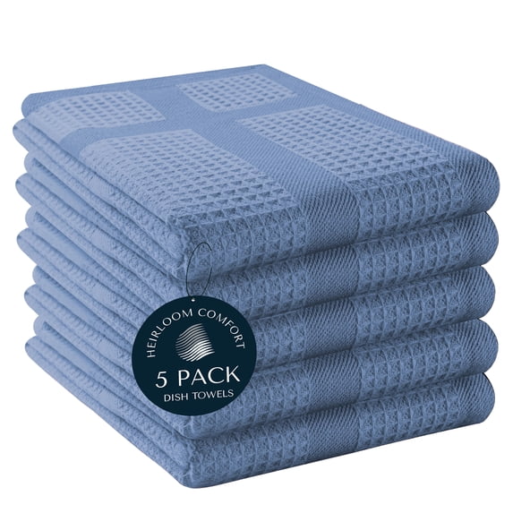 HEIRLOOM COMFORT 5 Pack Waffle Weave Kitchen Towels, 16x26 Inch, 100% Cotton, Absorbent Dishcloth Set, Quick Dry, Soft for Cleaning, Wiping, Hand Towels, Dish Rags, Wash Cloth, Durable, Sky Blue