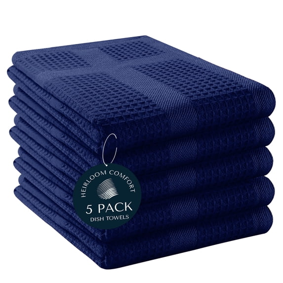 HEIRLOOM COMFORT 5 Pack Waffle Weave Kitchen Towels, 16x26 Inch, 100% Cotton Dishcloth Set, Super Absorbent, Fast Dry, Teal Towels, Soft Hand Towel, Dish Rags, Cleaning, Durable, Indigo Blue