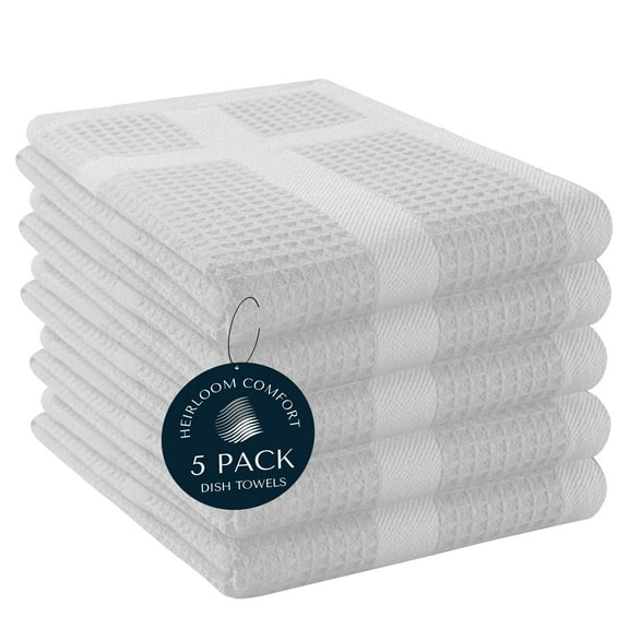 HEIRLOOM COMFORT 5 Pack Waffle Weave Kitchen Towels, 16x26 Inches, 100% Cotton Dishcloth Set, Super Absorbent, Quick Dry, Soft Hand Towels for Drying Dishes, Cleaning, Durable, White