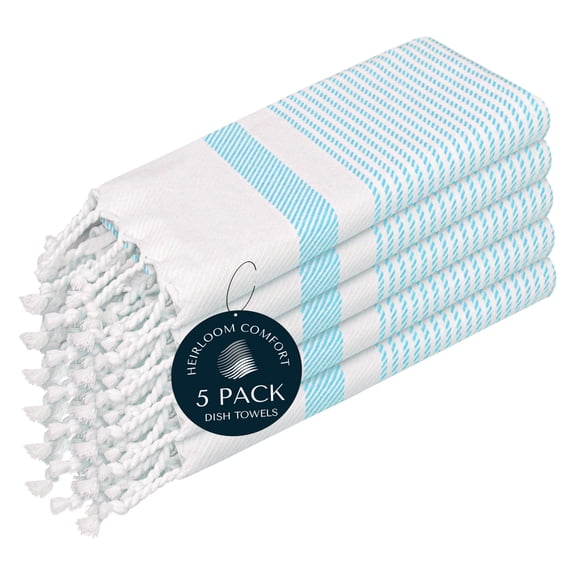 HEIRLOOM COMFORT Aqua Blue Turkish Kitchen Towels 16x26 Inch, 5 Pack, 100% Cotton, Super Absorbent, Fast Dry, Machine Washable, Dish Towel with Tassels for Drying Dishes, Cleaning, Everyday Use