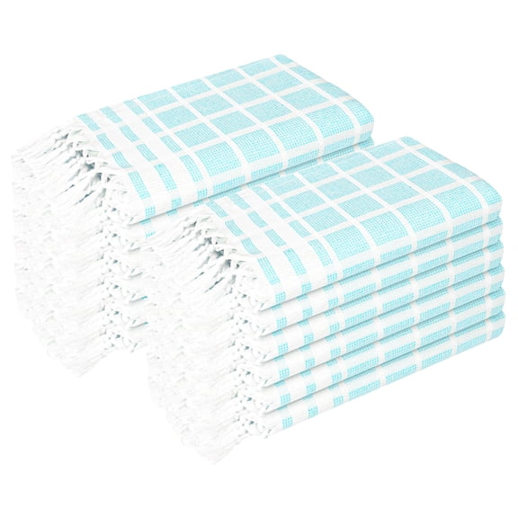 HEIRLOOM COMFORT Aqua Blue and White Dotted Matrix Kitchen Towels 12 Pack, 16x26 Inch, 100% Cotton, Soft & Quick Dry, Absorbent, Reusable, Decorative Tassel Dish Towel for Cooking and Cleaning
