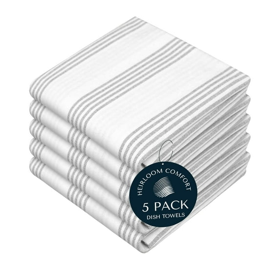 HEIRLOOM COMFORT Ash Gray Striped Dish Towels 5 Pack, Ultra Absorbent, Multi Pin Stripe Towel Set, Quick Dry Cotton Kitchen Towels for Cleaning Counters, Drying Dishes, Everyday Cleanup