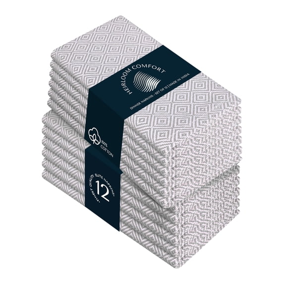 HEIRLOOM COMFORT Ash Grey Cloth Dinner Napkins (Set of 12), Diamond Weave, 16x16 Inch, 100% Cotton, Soft & Reusable Table Linen Napkin for Modern Dining, Formal Events & Everyday Table Setting