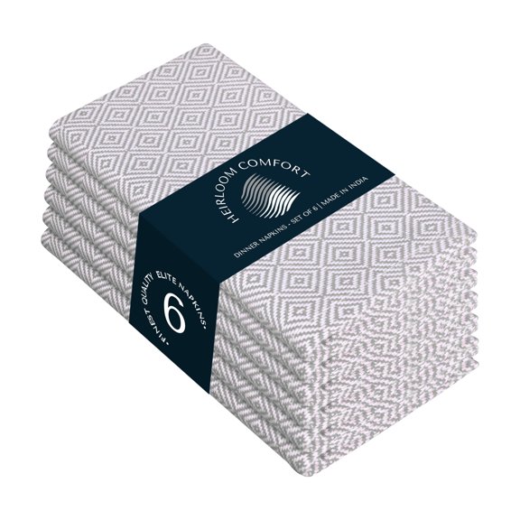 HEIRLOOM COMFORT Ash Grey Cloth Dinner Napkins (Set of 6), Diamond Weave, 16x16 Inch, 100% Cotton, Soft & Reusable Table Linen Napkin for Modern Dining, Formal Events & Everyday Table Setting
