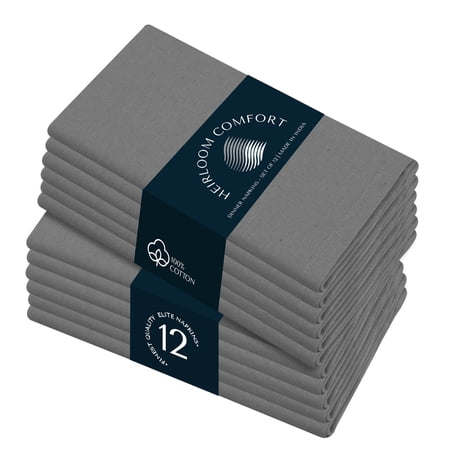 HEIRLOOM COMFORT Cloth Napkins Set of 12, 100% Cotton Napkin, Soft & Reusable Cotton Napkins, Napkin for Dinner, Wedding, Dining, 17" x 17" (Light Grey)