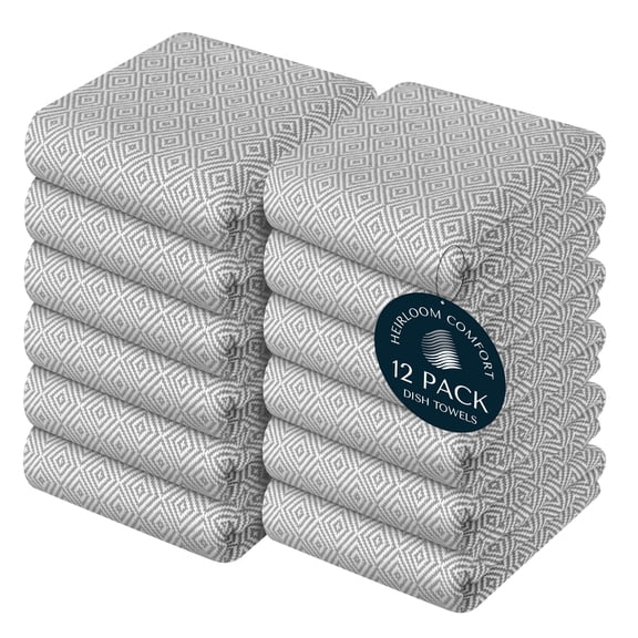 HEIRLOOM COMFORT 100% Cotton Kitchen Towels Set of 12, Diamond Weave, Soft, Quick Drying, Absorbent & Reusable Dish Cloths, Washing & Cleaning Rags, 16" x 26", Light Grey