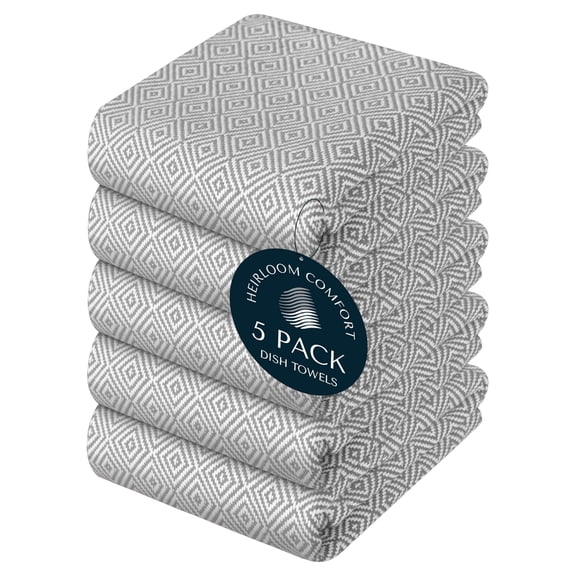 HEIRLOOM COMFORT Ash Grey Kitchen Towels (5-Pack), Quick Dry, 16"x26", Diamond Weave, Ultra Absorbent & Durable, Reusable, 100% Cotton Dish Towels for Drying Dishes, Wiping, and Daily Kitchen Cleanup