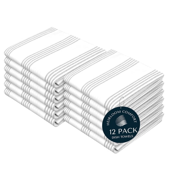 HEIRLOOM COMFORT Ash Grey Striped Dish Towels 12 Pack, Ultra Absorbent, Multi Pin Stripe Towel Set, Quick Dry Cotton Kitchen Towels for Cleaning Counters, Drying Dishes, Everyday Cleanup