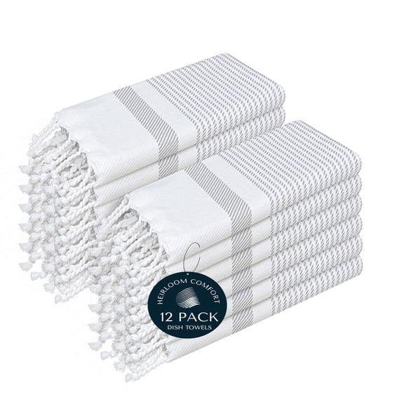 HEIRLOOM COMFORT Ash Grey Turkish Kitchen Towels 16x26 Inch, 12 Pack, 100% Cotton, Ultra Absorbent, Soft, Fast Dry, Machine Washable, Dish Towel with Tassels for Drying Dishes, Cleaning, Everyday Use