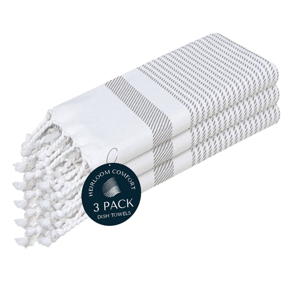 HEIRLOOM COMFORT Ash Grey Turkish Kitchen Towels 16x26 Inch, 3 Pack, 100% Cotton, Ultra Absorbent, Soft, Fast Dry, Machine Washable, Dish Towel with Tassels for Drying Dishes, Cleaning, Everyday Use