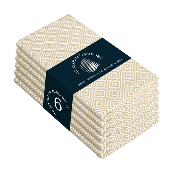HEIRLOOM COMFORT Beige Cloth Napkins Set of 6, 16x16 Inch, 100% Cotton, Diamond Pattern, Soft, Durable, Machine Washable Table Linen Napkin for Dinner, Farmhouse Dining, Family Gatherings, Daily Use