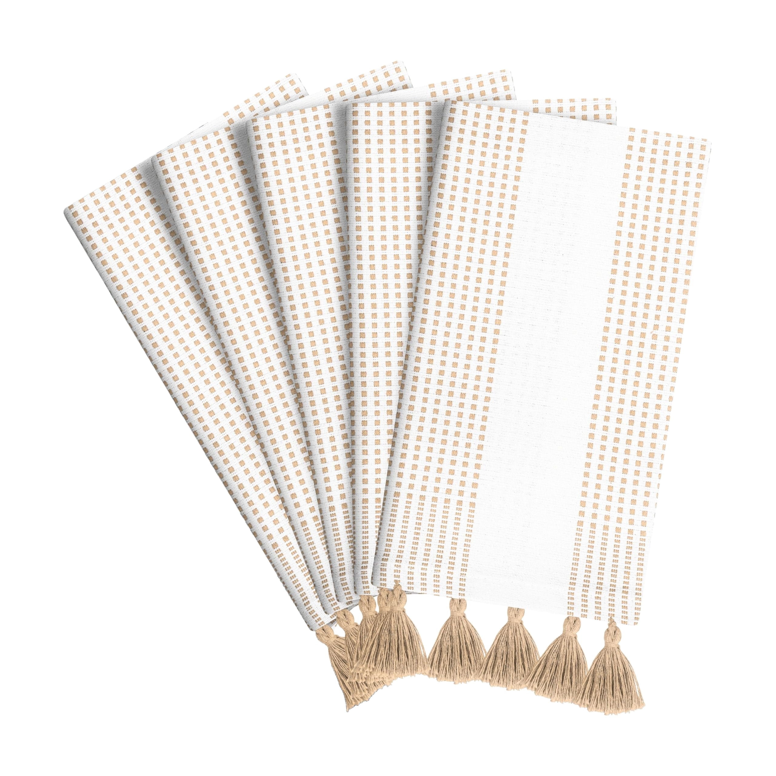 HEIRLOOM COMFORT Beige Decorative Dotted Kitchen Towels 16x26 Inch, 5 Pack, Soft, 100% Cotton, Absorbent & Fast-Drying Dish Towels with Tassels, Ideal for Cleaning, Drying Dishes, and Daily Use