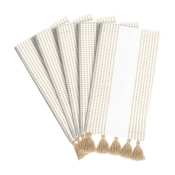 HEIRLOOM COMFORT Beige Decorative Dotted Kitchen Towels 16x26 Inch, 5 Pack, Soft, 100% Cotton, Absorbent & Fast-Drying Dish Towels with Tassels, Ideal for Cleaning, Drying Dishes, and Daily Use