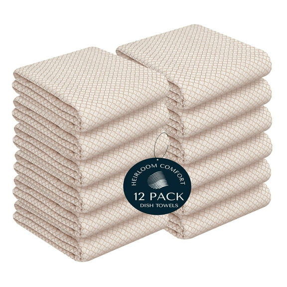 HEIRLOOM COMFORT Beige Honeycomb Kitchen Towels 12 Pack, 16x26 Inch, 100% Cotton, Quick Drying, Soft, Super Absorbent, Reusable & Washable Dish Towels for Home & Kitchen Chores, Everyday Use
