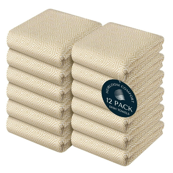 HEIRLOOM COMFORT Beige Kitchen Towels, 12 Pack, 100% Cotton, Super Absorbent and Quick Dry, Diamond Weave Pattern Towel Set, Reusable, Durable Dish Cloths for Kitchen Use, Cleaning & Drying Dishes