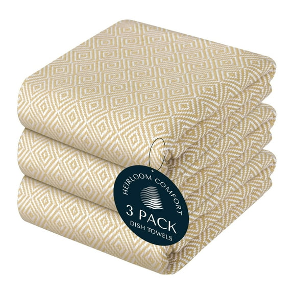 HEIRLOOM COMFORT Beige Kitchen Towels, 3 Pack, 100% Cotton, Super Absorbent and Quick Dry, Diamond Weave Pattern Towel Set, Reusable, Durable Dish Cloths for Kitchen Use, Cleaning & Drying Dishes