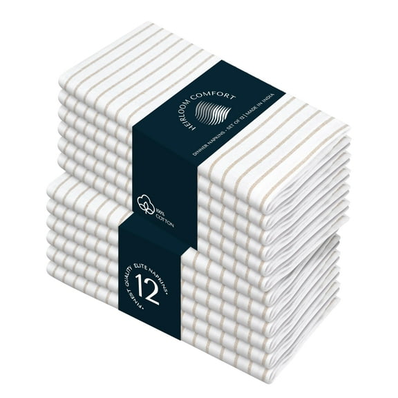 HEIRLOOM COMFORT Beige Stripe Cloth Napkins (Set of 12), 18x18 Inch, 100% Cotton, Machine Washable, Classic Striped Table Dinner Napkin for Farmhouse Dining, Everyday Use & Special Occasions