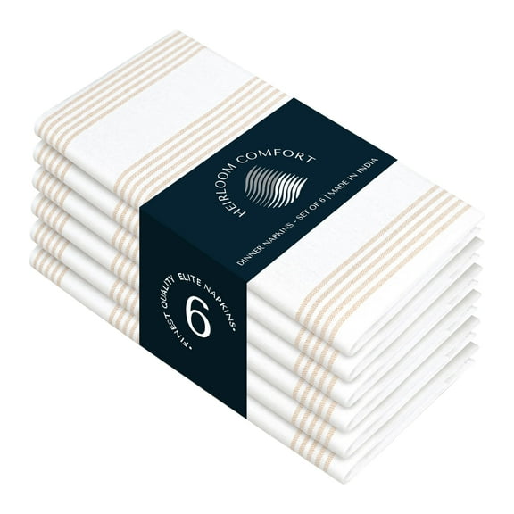 HEIRLOOM COMFORT Beige Stripe Cloth Napkins (Set of 6), 18x18 Inch, 100% Cotton, Machine Washable, Multi Pin Striped Table Dinner Napkin for Farmhouse Dining, Everyday Use & Special Occasions