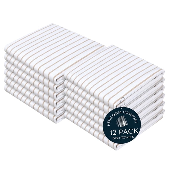 HEIRLOOM COMFORT Beige Stripe Kitchen Towels, 12 Pack, 100% Cotton, Super Absorbent and Quick Dry, Classic Striped Towel Set, Durable Dish Cloths for Kitchen Use, Cleaning & Drying Dishes