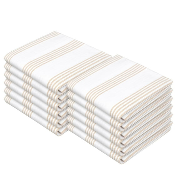 HEIRLOOM COMFORT Beige Stripe Kitchen Towels, 12 Pack, 100% Cotton, Super Absorbent and Quick Dry, Multi Pin Striped Towel Set, Durable Dish Cloths for Kitchen Use, Cleaning & Drying Dishes