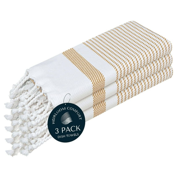 HEIRLOOM COMFORT Beige Turkish Kitchen Towels 16x26 Inch, 3 Pack, 100% Cotton, Ultra Absorbent, Soft, Fast Dry, Machine Washable, Dish Towel with Tassels for Drying Dishes, Cleaning, Everyday Use
