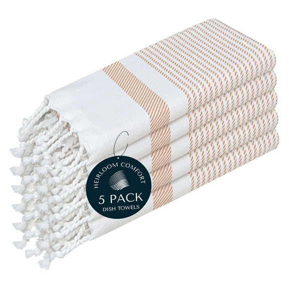 HEIRLOOM COMFORT Beige Turkish Kitchen Towels 16x26 Inch, 5 Pack, 100% Cotton, Ultra Absorbent, Soft, Fast Dry, Machine Washable, Dish Towel with Tassels for Drying Dishes, Cleaning, Everyday Use