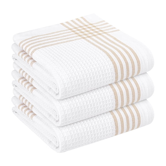 HEIRLOOM COMFORT Beige and White Waffle Kitchen Towels 3 Pack, 100% Cotton, 16x26 Inch, Ultra Absorbent, Fast Dry Dish Towels, Reusable Dishcloths for Drying, Cleaning, Kitchen Use