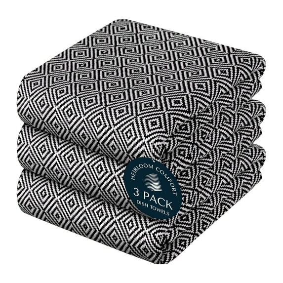 HEIRLOOM COMFORT Black Kitchen Towels, 3 Pack, 100% Cotton, 16"x26", Super Absorbent and Quick Dry, Diamond Design Towel Set, Reusable, Durable Dish Cloths for Kitchen Use, Cleaning & Drying Dishes