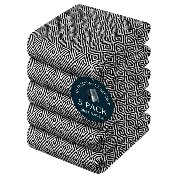 HEIRLOOM COMFORT Black Kitchen Towels, 5 Pack, 100% Cotton, 16"x26", Super Absorbent and Quick Dry, Diamond Design Towel Set, Reusable, Durable Dish Cloths for Kitchen Use, Cleaning & Drying Dishes