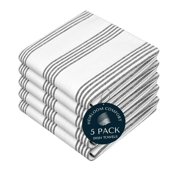 HEIRLOOM COMFORT Black Stripe Kitchen Towels (5 Pack), 100% Cotton, Multi Pin Striped Towel Set, Super Absorbent & Durable Dish Cloths, Quick Drying Fabric for Drying Dishes, Everyday Cleaning