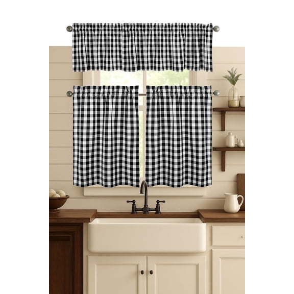 HEIRLOOM COMFORT Black & White 3 Piece Gingham Tier and Valance Set - Semi Sheer Window Curtain 2 Tiers 26"x36" & 54"x18" Valance, Rod Pocket, Farmhouse Kitchen Curtains for Café, Bedroom, Basement