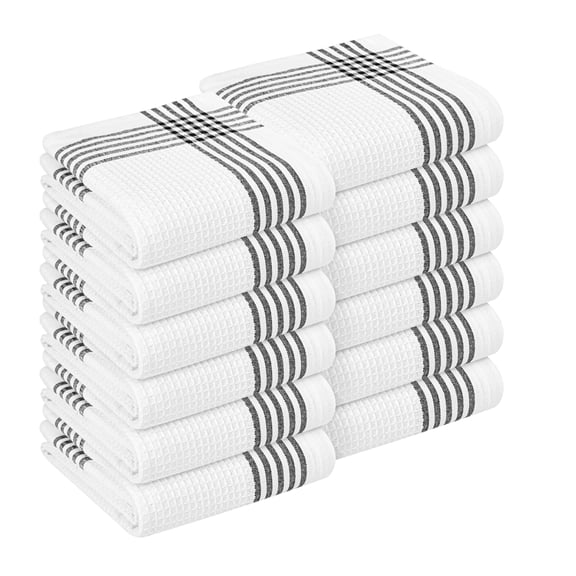 HEIRLOOM COMFORT Black and White Kitchen Towels 12 Pack, 16x26 Inch, 100% Cotton Waffle Weave, Super Absorbent, Quick Dry, Reusable Dish Towels for Cleaning, Drying, Cooking, Washing