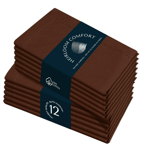 HEIRLOOM COMFORT Brown Cloth Dinner Napkins 18x18 Inch - 12 Pack - Soft, Absorbent, Durable, Reusable, Washable - 100% Cotton with Hemstitch Mitered Edges - Ideal for Farmhouse Décor, Fall, Weddings