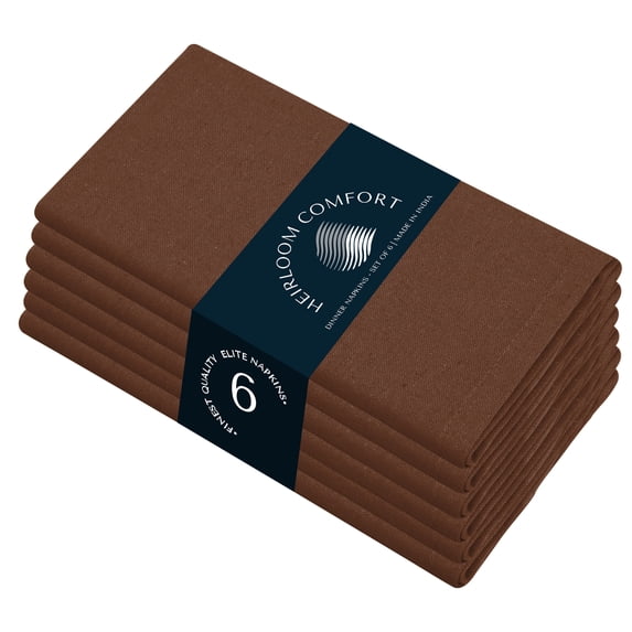 HEIRLOOM COMFORT Cloth Napkins Set of 6, 100% Cotton Napkin, Soft & Reusable Cotton Napkins, Napkin for Dinner, Wedding, Dining, 17" x 17" (Brown)