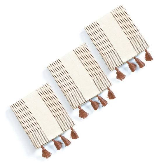 HEIRLOOM COMFORT Brown Decorative Dotted Kitchen Towels 16x26 Inch, 3 Pack, Soft, Absorbent 100% Cotton Dish Towels with Tassels, Quick-Dry for Cleaning, Drying Dishes, and Everyday Use