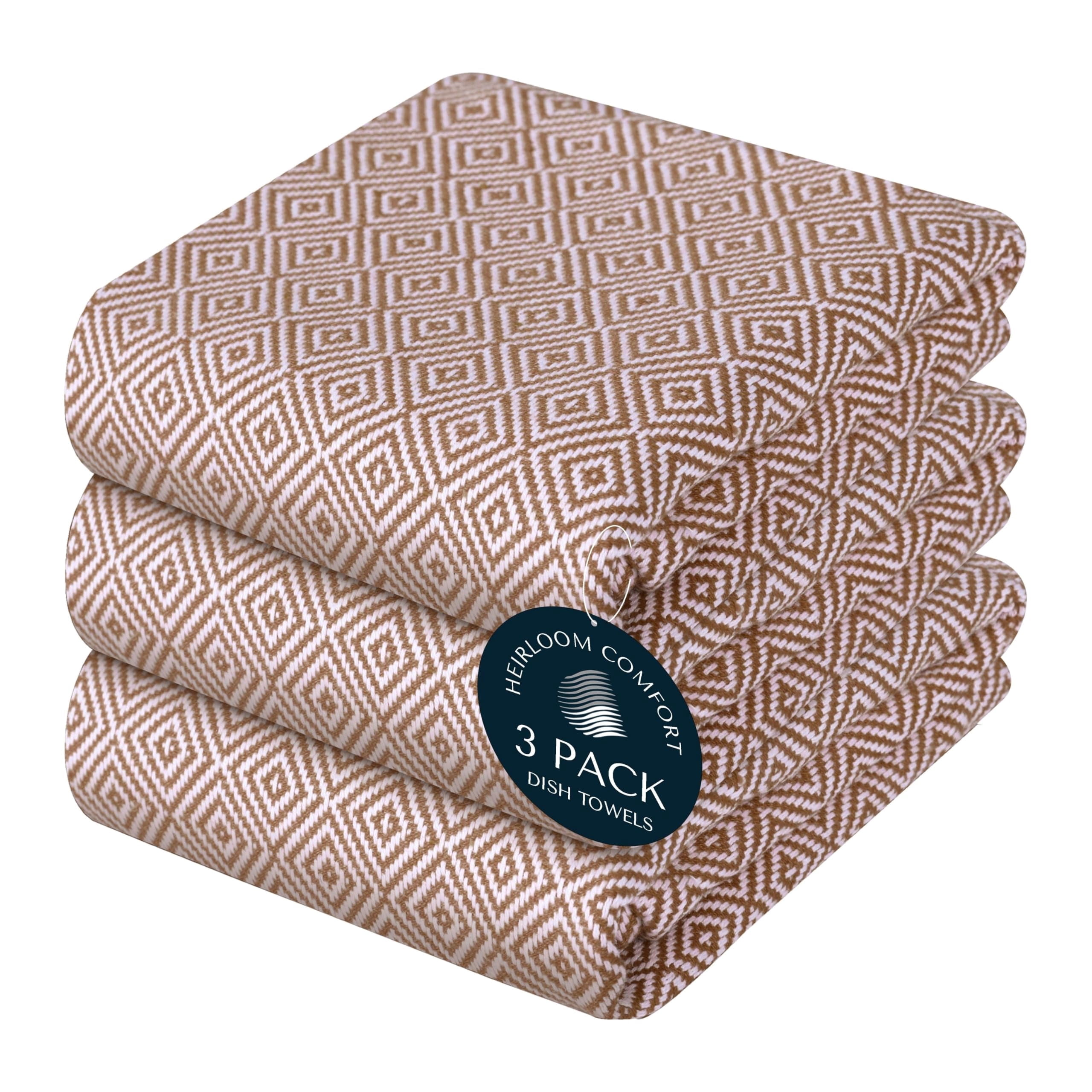 HEIRLOOM COMFORT Brown Dish Towels 3 Pack, Ultra Absorbent, 16"x26", Diamond Weave Towel Set, Reusable, Durable, Quick Dry Cotton Kitchen Towels for Cleaning Counters, Drying Dishes, Everyday Cleanup