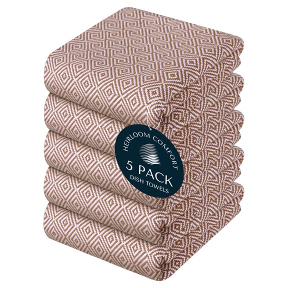 HEIRLOOM COMFORT Brown Dish Towels 5 Pack, Ultra Absorbent, 16"x26", Diamond Weave Towel Set, Reusable, Durable, Quick Dry Cotton Kitchen Towels for Cleaning Counters, Drying Dishes, Everyday Cleanup