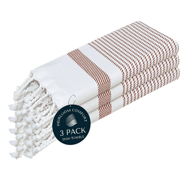HEIRLOOM COMFORT Brown Turkish Kitchen Towels 16x26 Inch, 3 Pack, 100% Cotton, Ultra Absorbent, Soft, Fast Dry, Machine Washable, Dish Towel with Tassels for Drying Dishes, Cleaning, Everyday Use