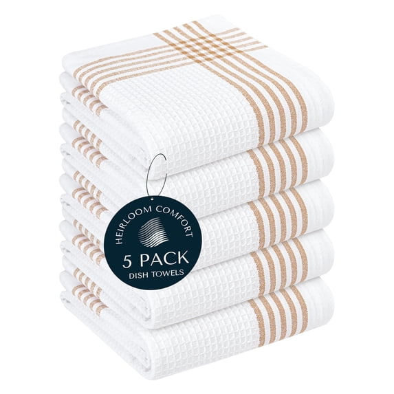 HEIRLOOM COMFORT Brown and White Cotton Kitchen Towels 5 Pack, Waffle Weave, 16x26 Inch, Super Absorbent, Reversible, Quick Dry Dishcloths for Drying Dishes, Cleaning, Reusable, Everyday Use